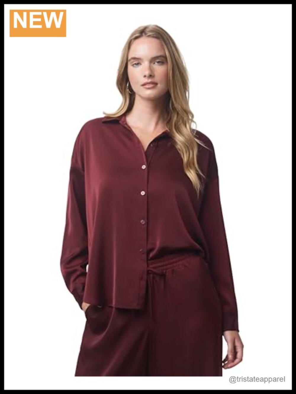 Satin Button Down Blouse Relaxed Fit Cuff Sleeve